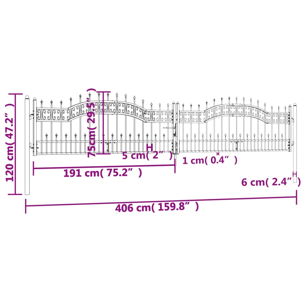 vidaXL Poartă gard cu vârf negru 406x120 cm oțel vopsit electrostatic