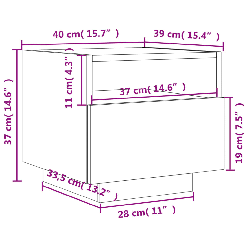 vidaXL Noptieră cu lumini LED, sonoma gri, 40x39x37 cm