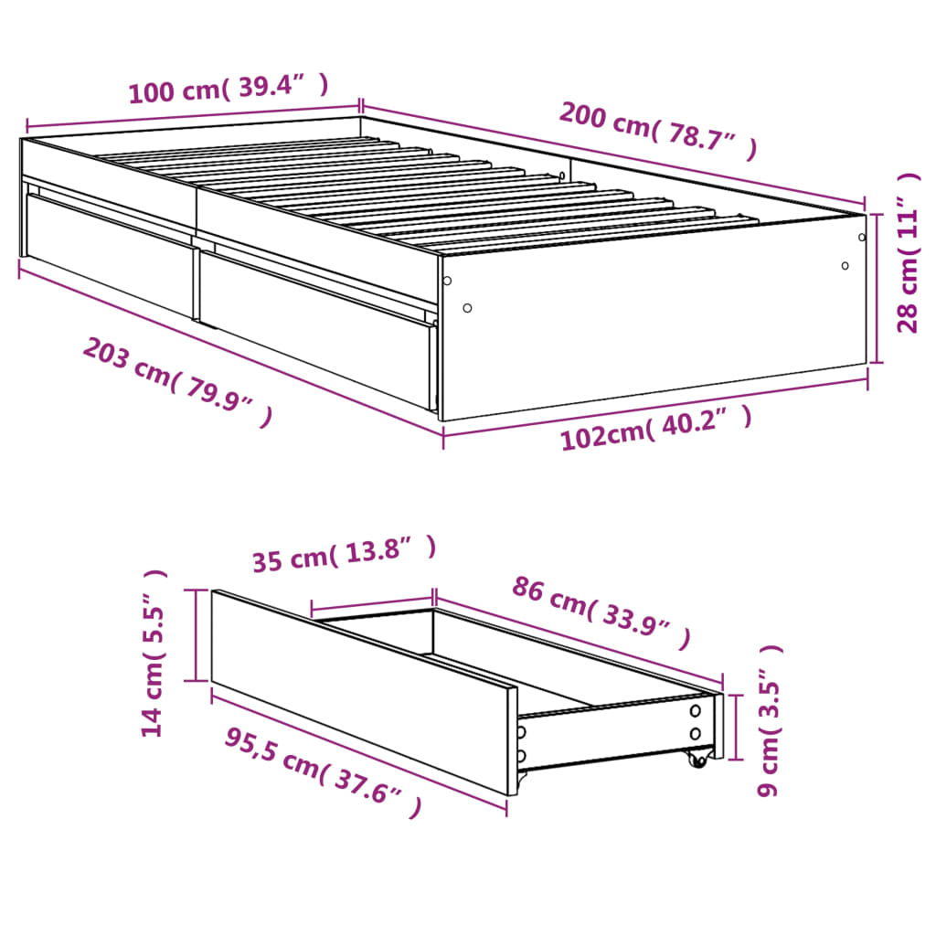 vidaXL Cadru de pat cu sertare, gri beton, 100x200 cm, lemn prelucrat