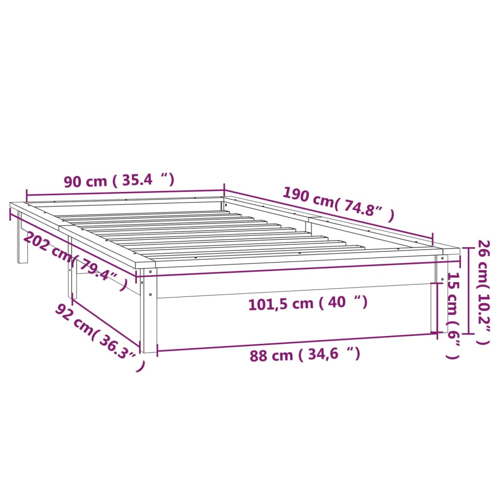 vidaXL Cadru de pat LED Single, maro miere, 90x190 cm, lemn masiv