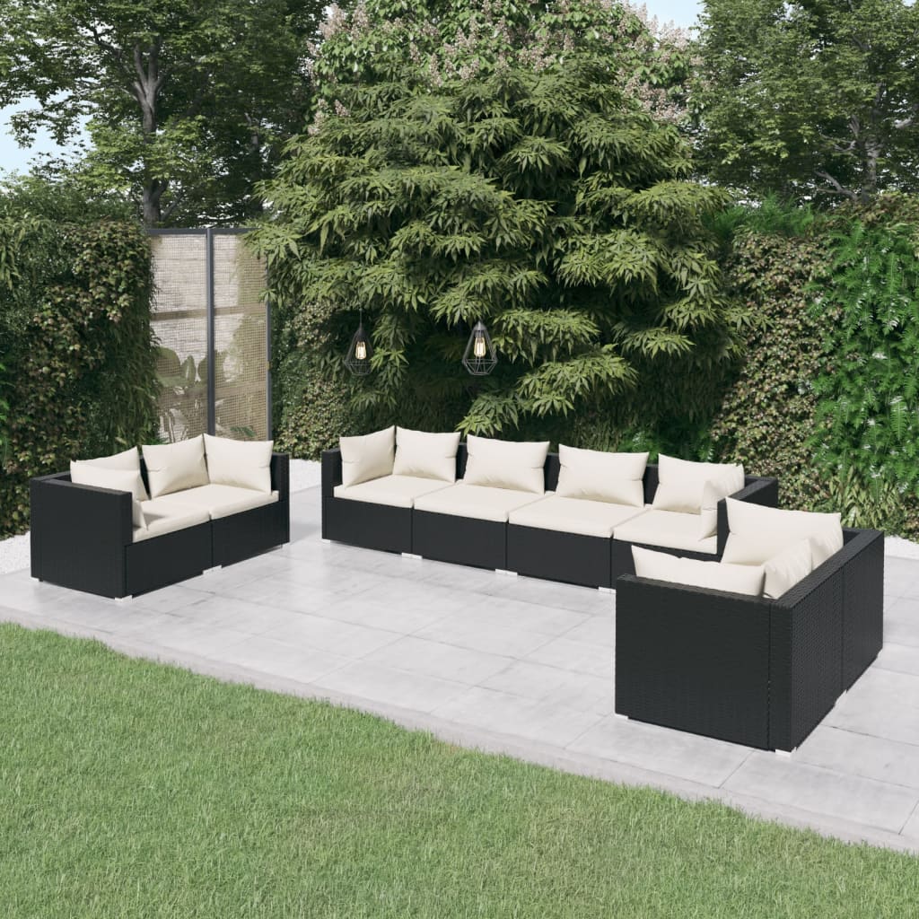 vidaXL Set mobilier de grădină cu perne, 8 piese, negru, poliratan