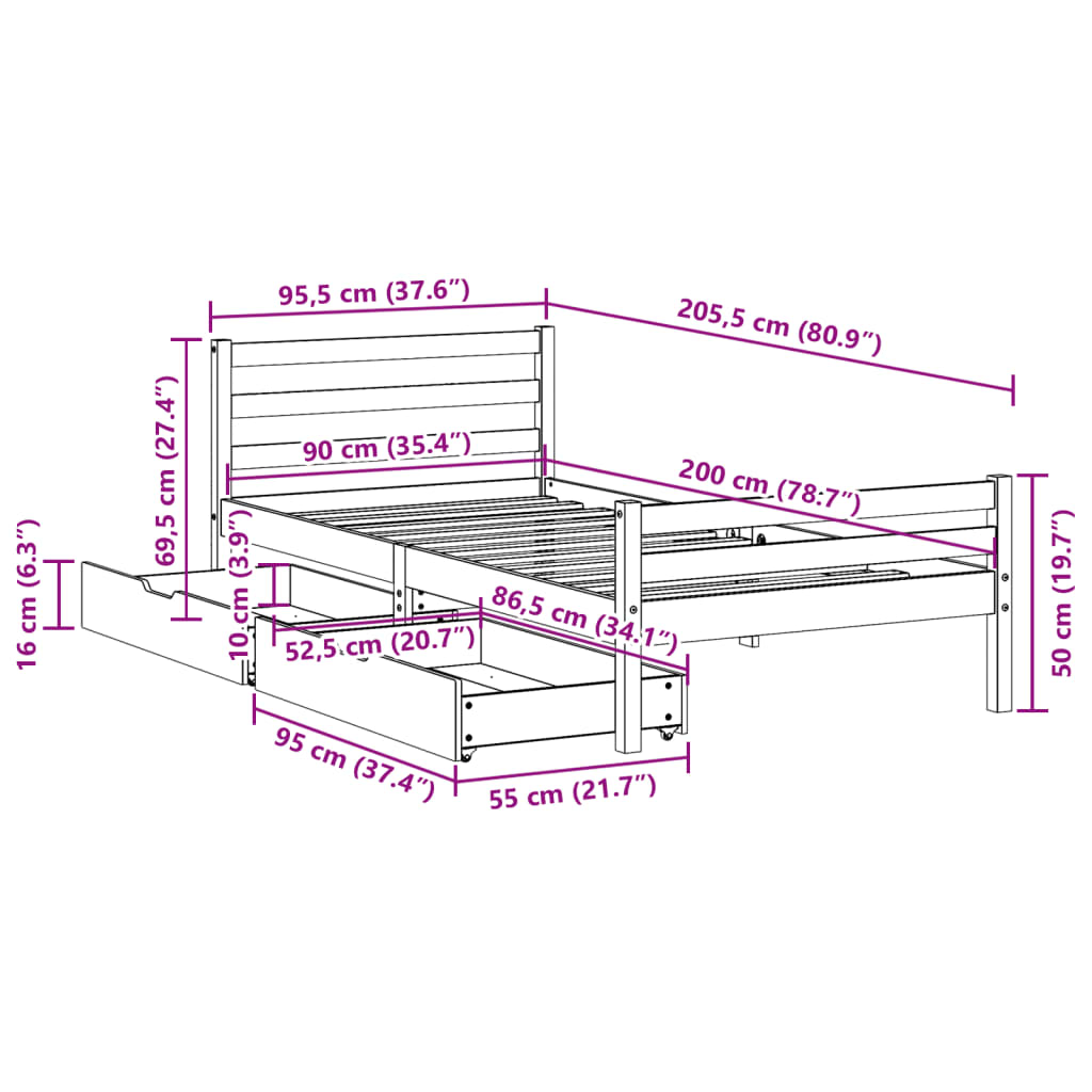 vidaXL Cadru de pat fără saltea, alb, 90x200 cm, lemn masiv pin