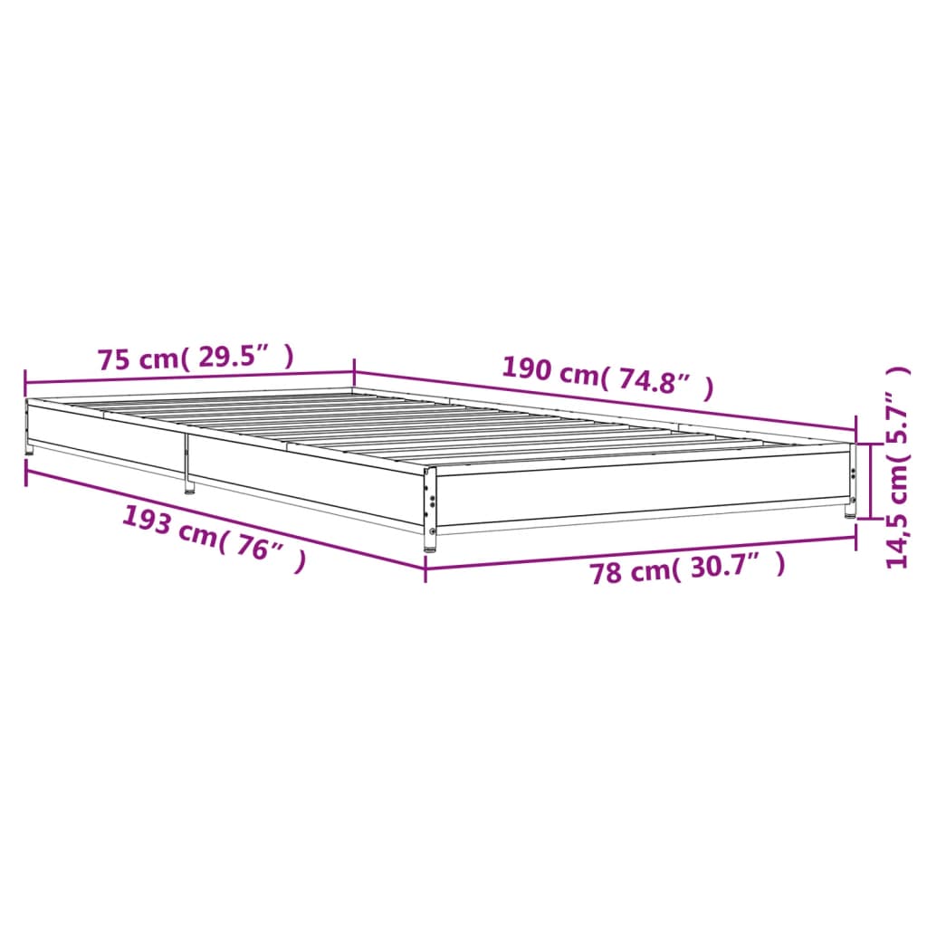 vidaXL Cadru de pat, gri sonoma, 75x190 cm, lemn prelucrat și metal