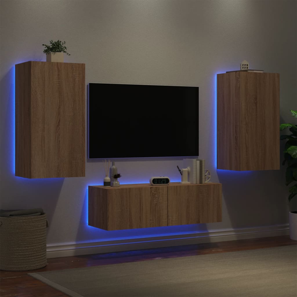 vidaXL Comode TV de perete cu lumini LED, 3 piese, stejar sonoma