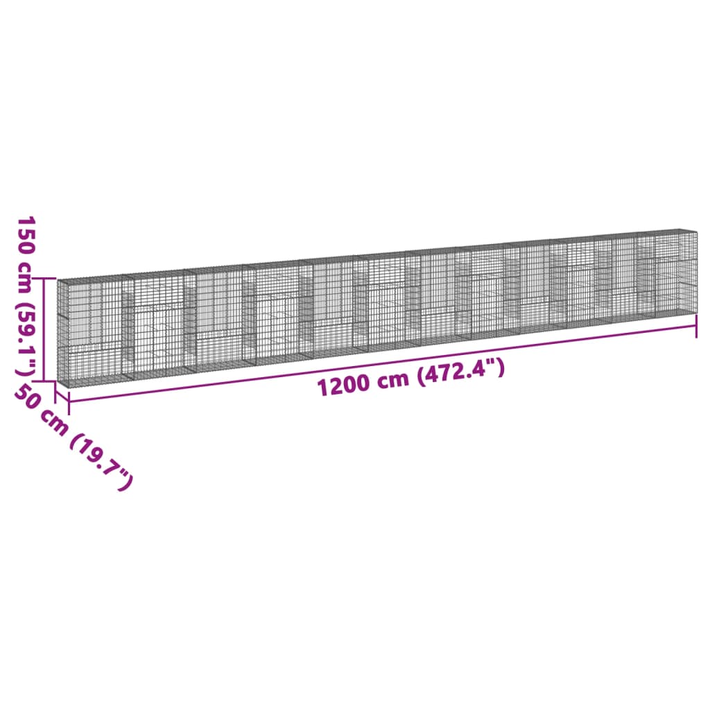 vidaXL Coș gabion cu capac, 1200x50x150 cm, fier galvanizat