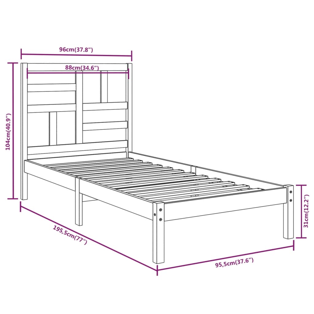 vidaXL Cadru de pat single, negru, 90x190 cm, lemn masiv