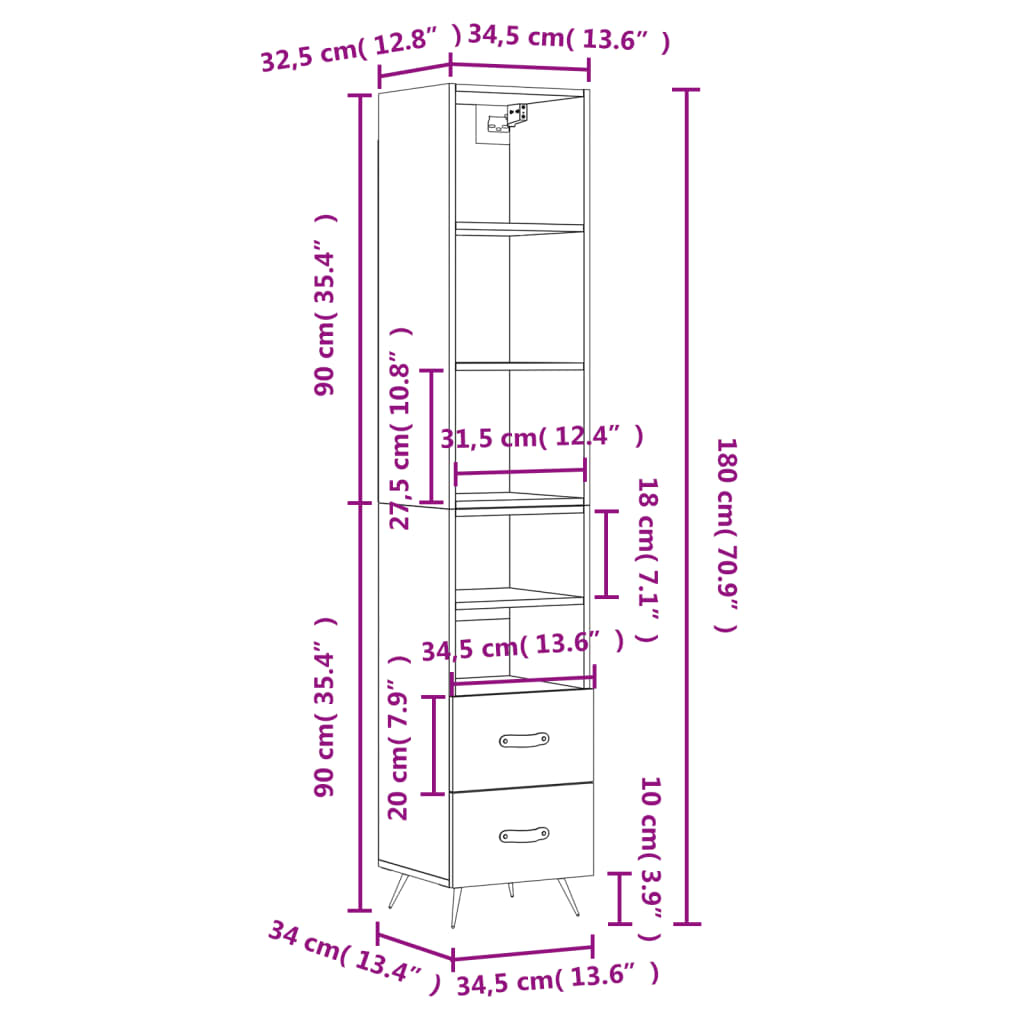 vidaXL Dulap înalt, negru, 34,5x34x180 cm, lemn prelucrat