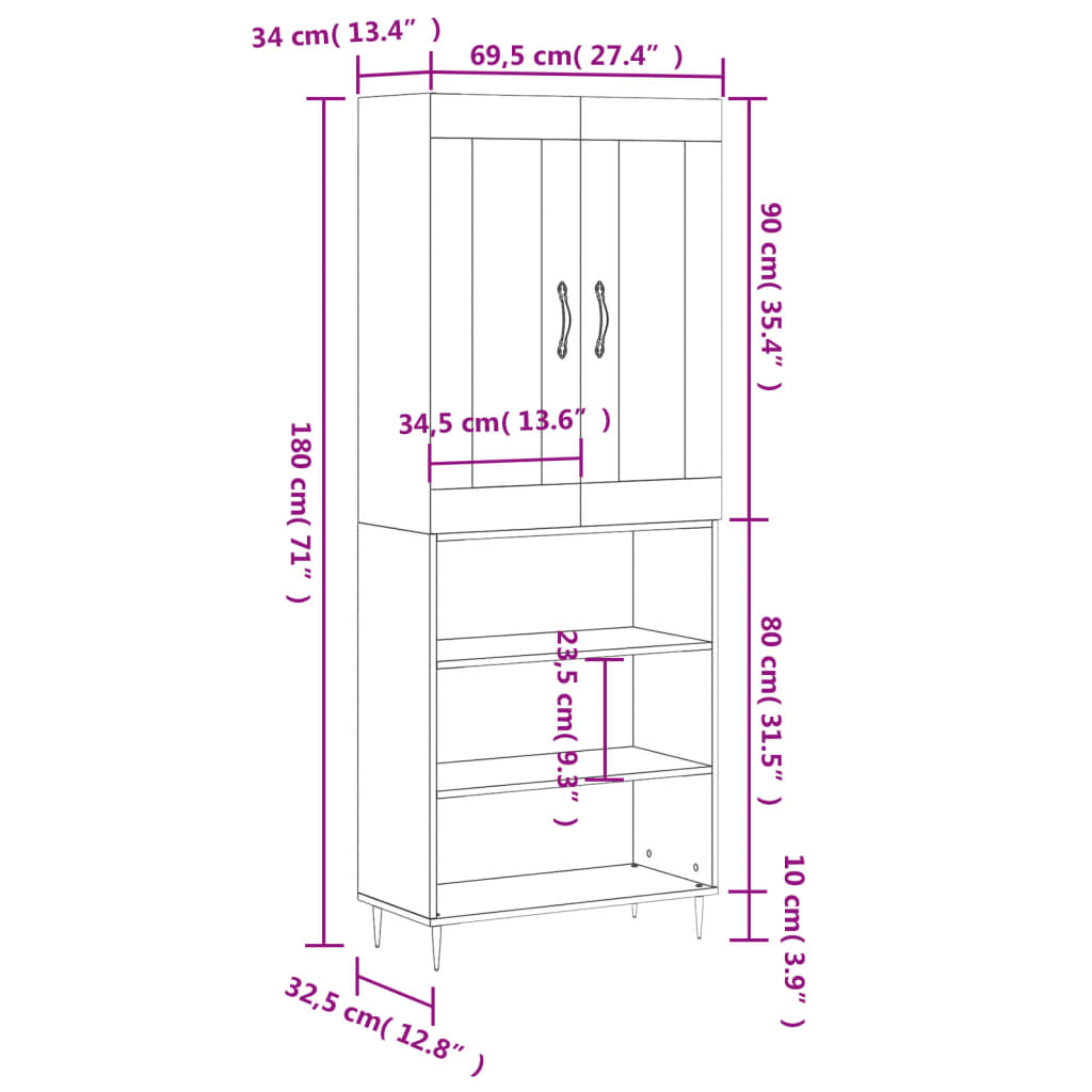 vidaXL Dulap înalt, alb extralucios, 69,5x34x180 cm, lemn compozit