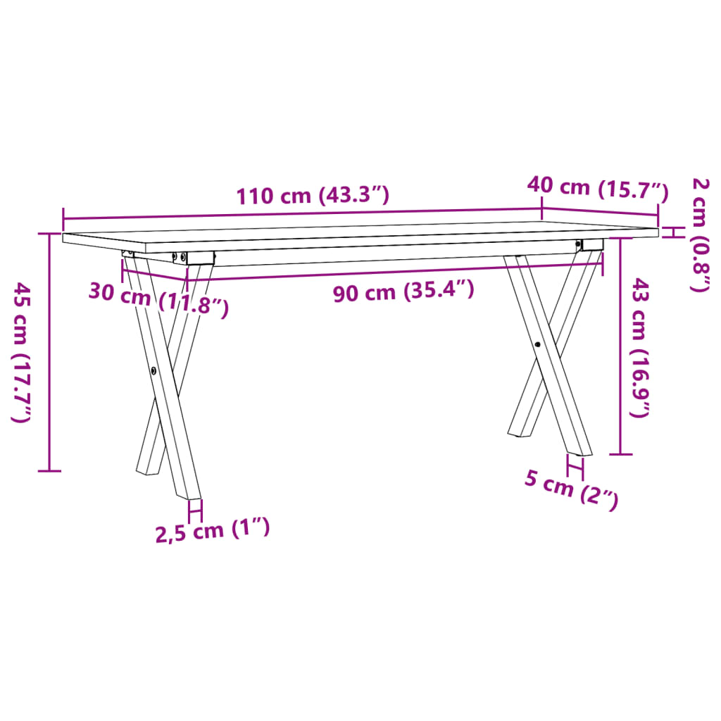 vidaXL Masă de cafea, cadru X, 110x40x45 cm, lemn masiv pin și fontă