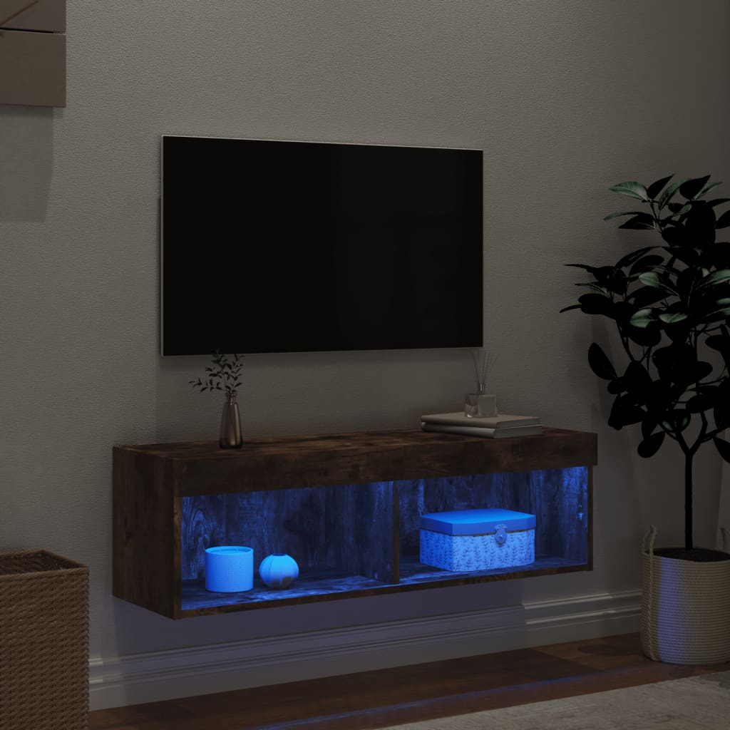 vidaXL Comodă TV cu lumini LED, stejar fumuriu, 100x30x30 cm