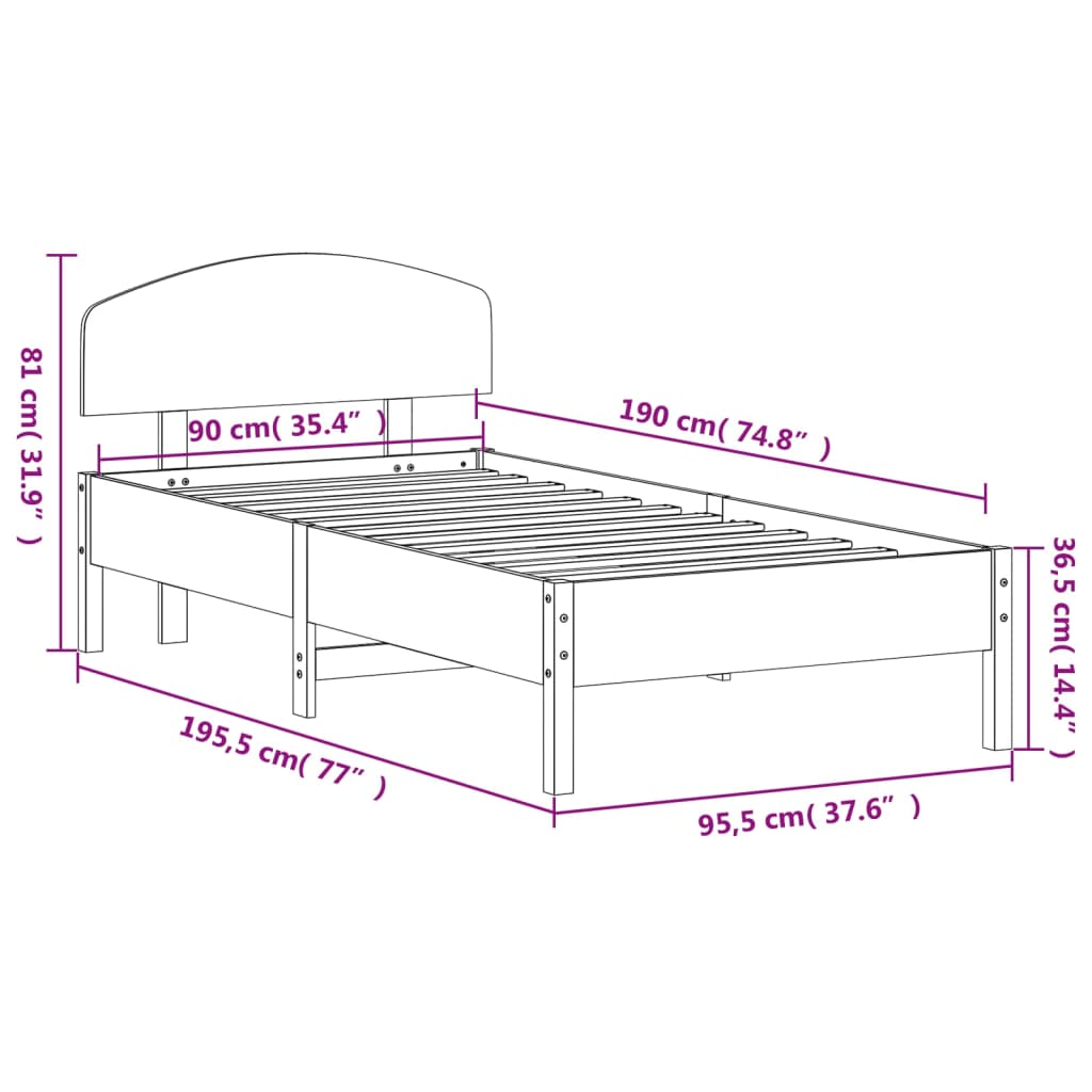 vidaXL Cadru pat fără saltea, alb, 90x190 cm, lemn masiv de pin