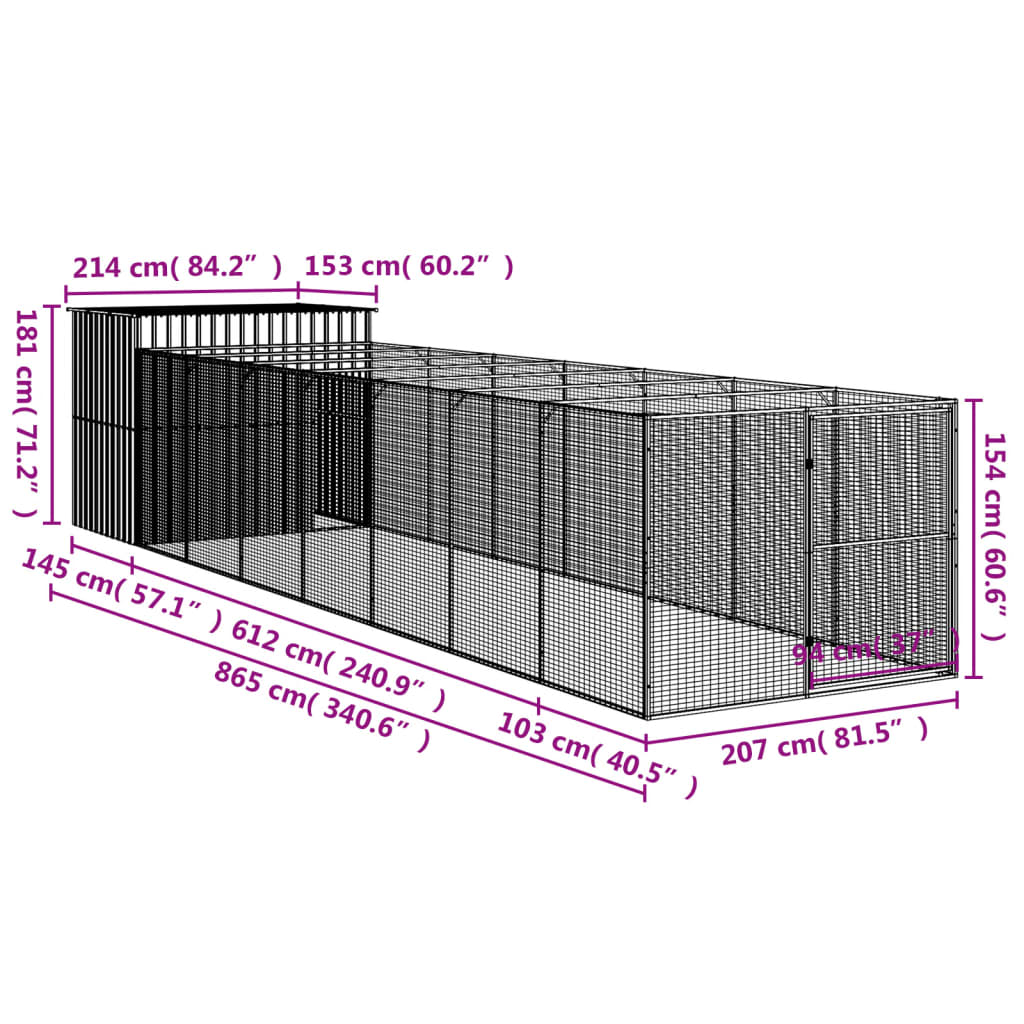 vidaXL Cușcă de câine cu țarc antracit 214x865x181 cm oțel galvanizat