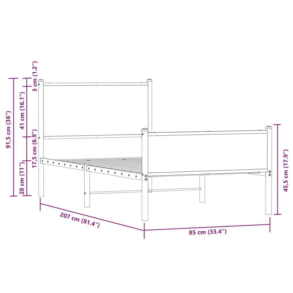 vidaXL Cadru pat metalic tăblie cap/picioare, stejar maro 80x200 cm