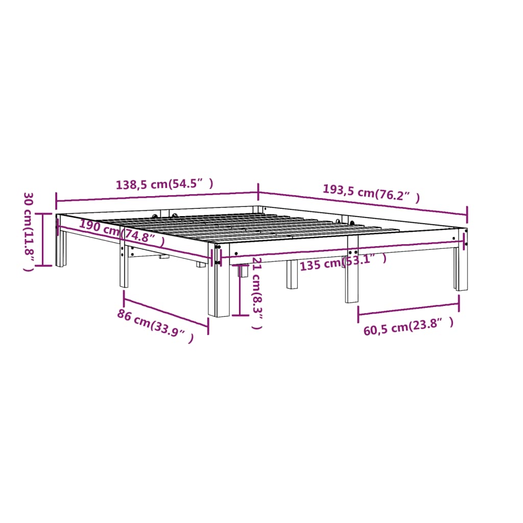 vidaXL Cadru de pat dublu, negru, 135x190 cm, lemn masiv