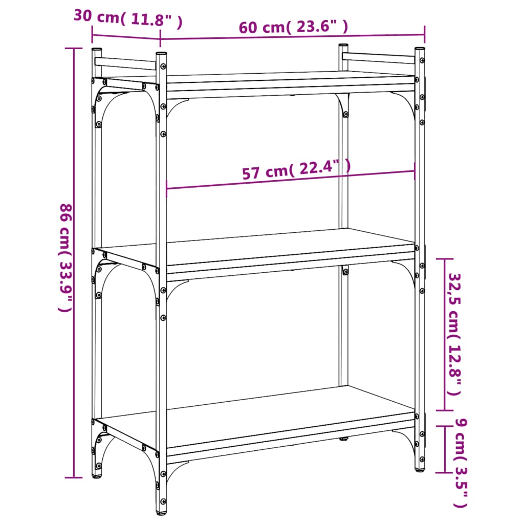 vidaXL Bibliotecă cu 3 niveluri, negru, 60x30x86 cm, lemn prelucrat