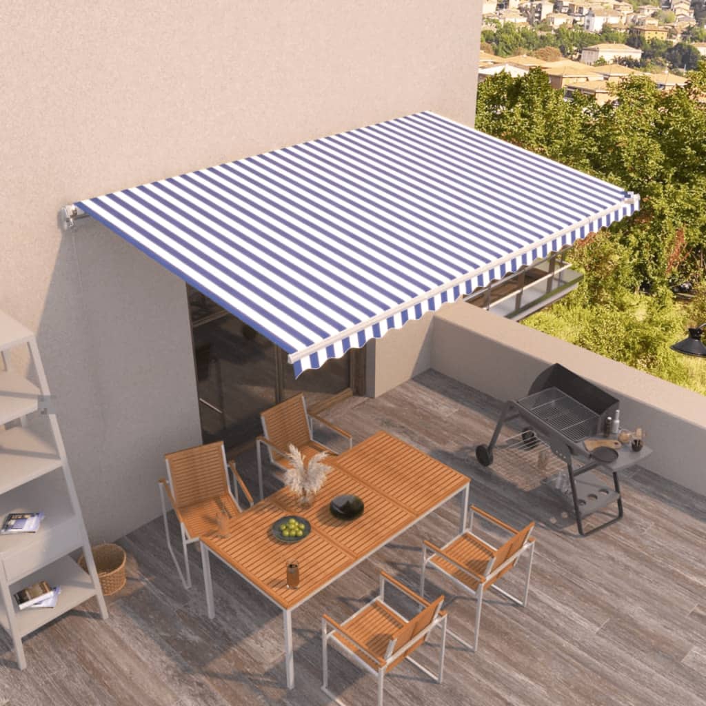 vidaXL Copertină retractabilă manual, albastru și alb, 500x350 cm