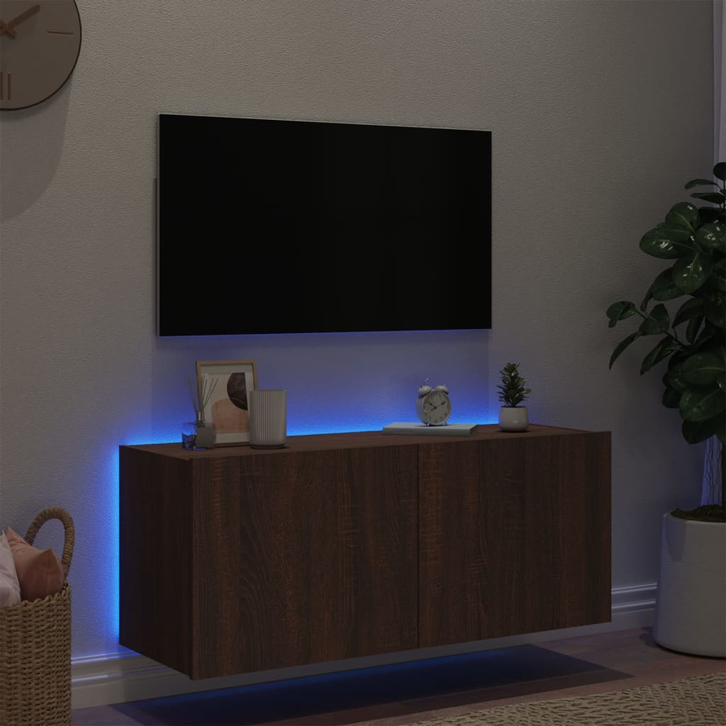 vidaXL Comodă TV de perete cu lumini LED, stejar maro, 100x35x41 cm