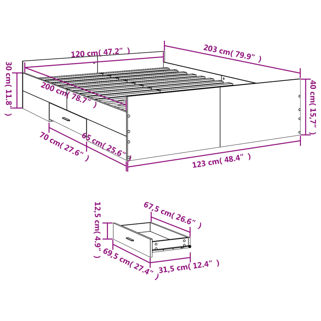 vidaXL Cadru de pat cu sertare stejar sonoma 120x200 cm lemn prelucrat