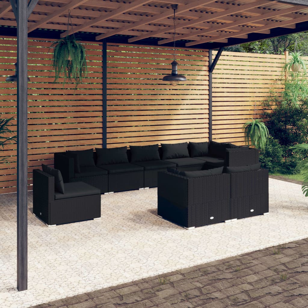 vidaXL Set mobilier de grădină cu perne, 9 piese, negru, poliratan