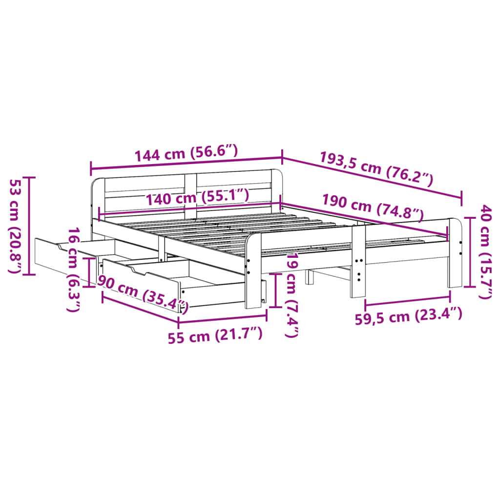 vidaXL Cadru de pat fără saltea, 140x190 cm, lemn masiv de pin