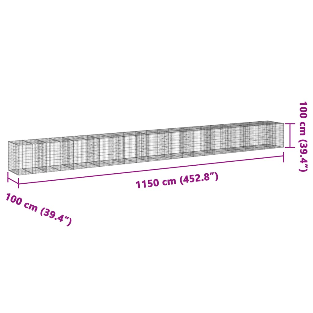 vidaXL Coș gabion cu capac, 1150x100x100 cm, fier galvanizat