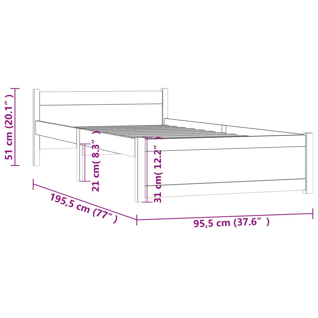 vidaXL Cadru de pat single, alb, 90x190 cm, lemn masiv