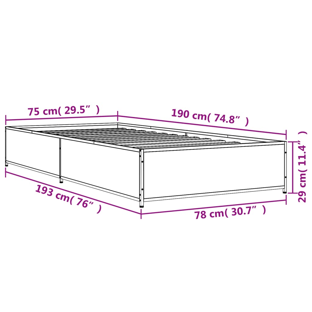 vidaXL Cadru de pat, stejar sonoma, 75x190 cm, lemn prelucrat și metal