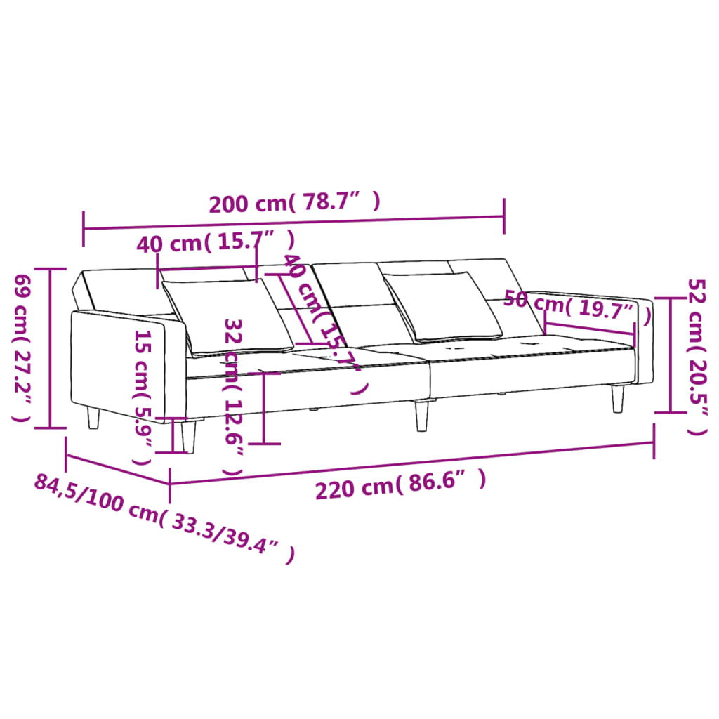 vidaXL Canapea extensibilă cu 2 locuri, 2 perne, negru, catifea