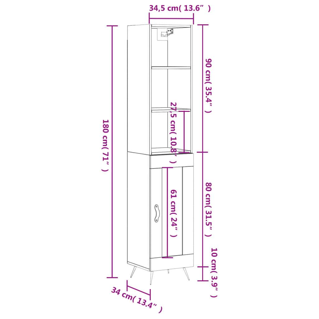 vidaXL Dulap înalt, negru, 34,5x34x180 cm, lemn prelucrat