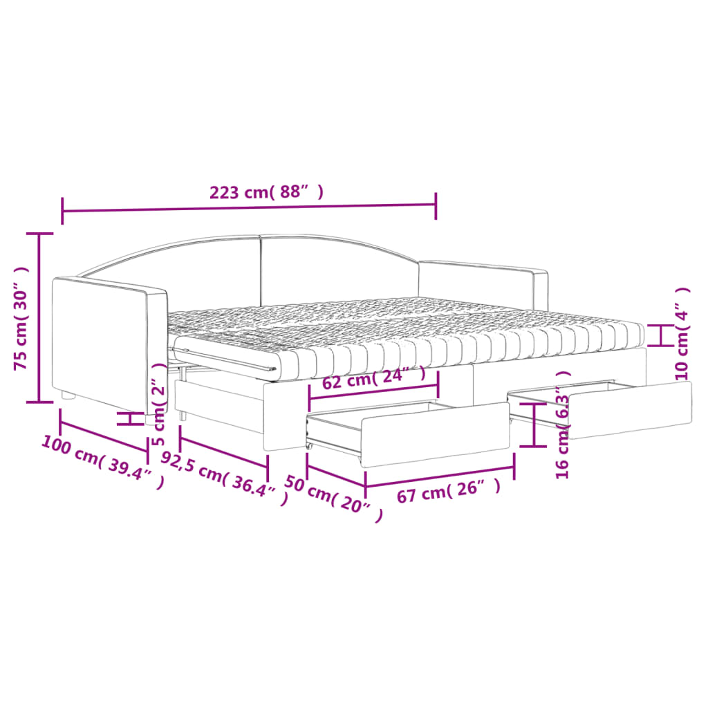 vidaXL Pat de zi cu extensie și sertare, gri închis, 90x200 cm textil