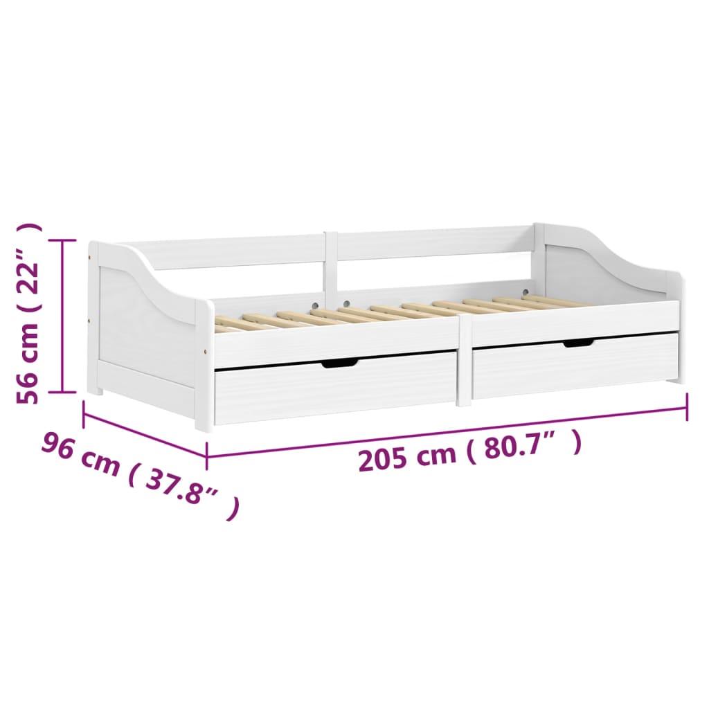 vidaXL Pat de zi cu 2 sertare "IRUN", alb, 90x200 cm, lemn masiv pin