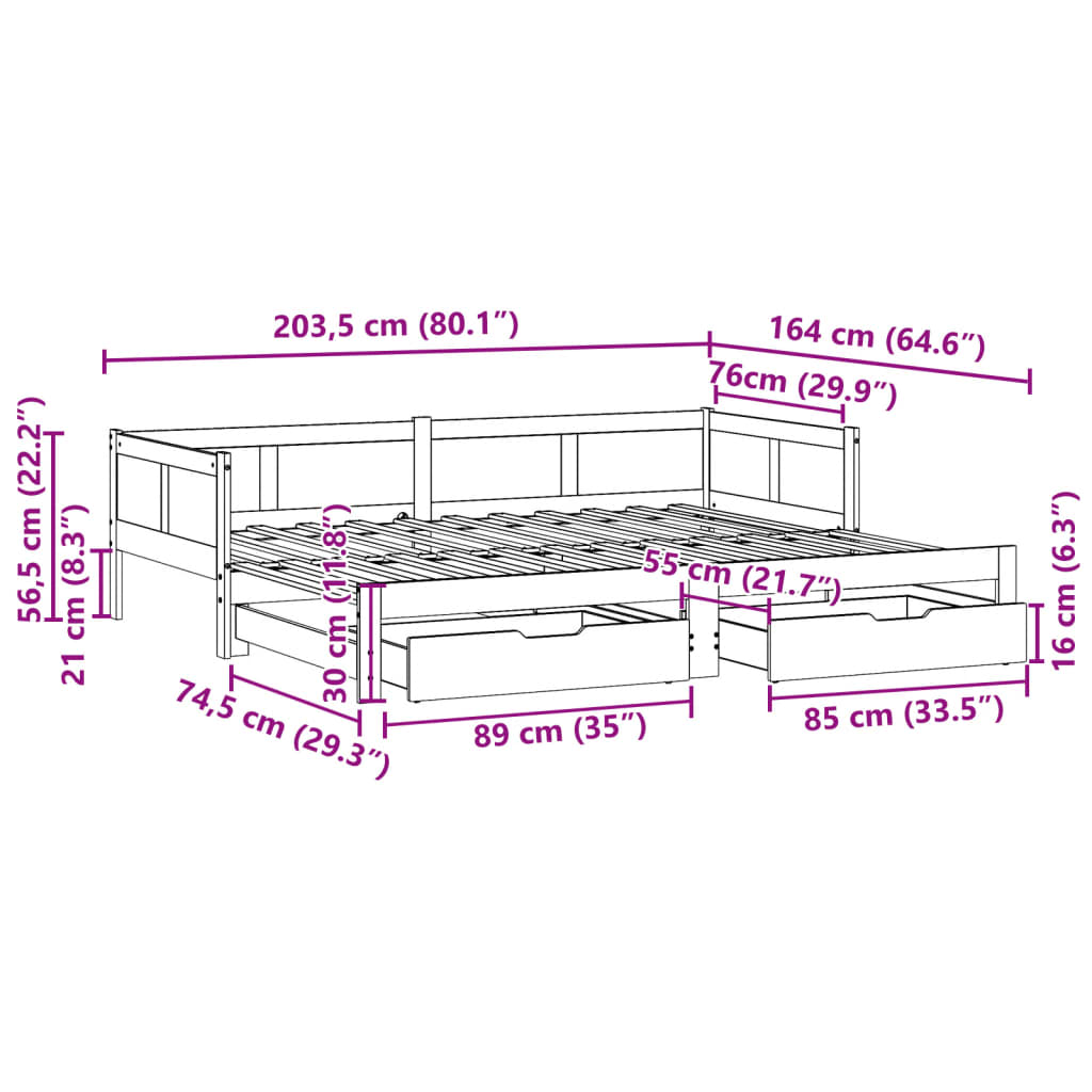 vidaXL Pat de zi cu extensie/sertare, alb, 80x200 cm, lemn masiv pin