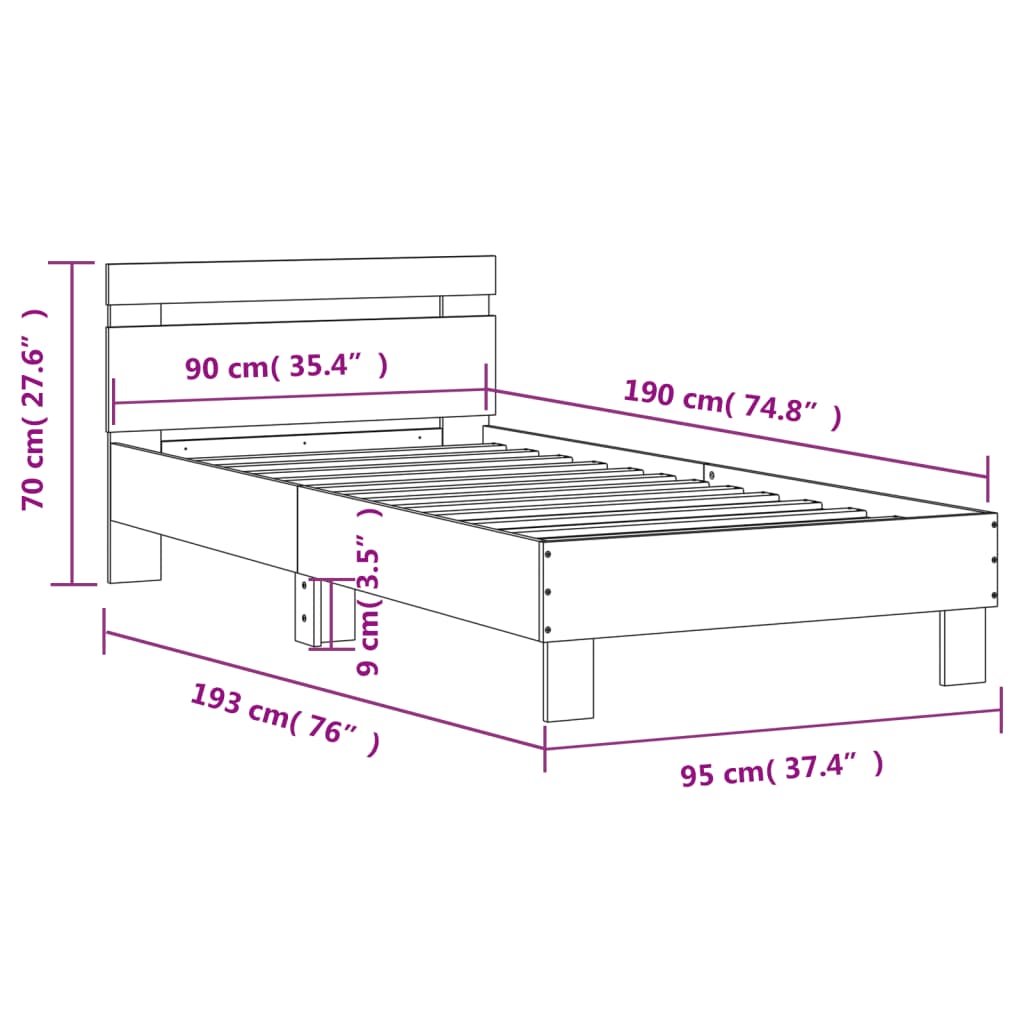 vidaXL Cadru de pat cu tăblie și lumini LED, gri beton, 90x190 cm