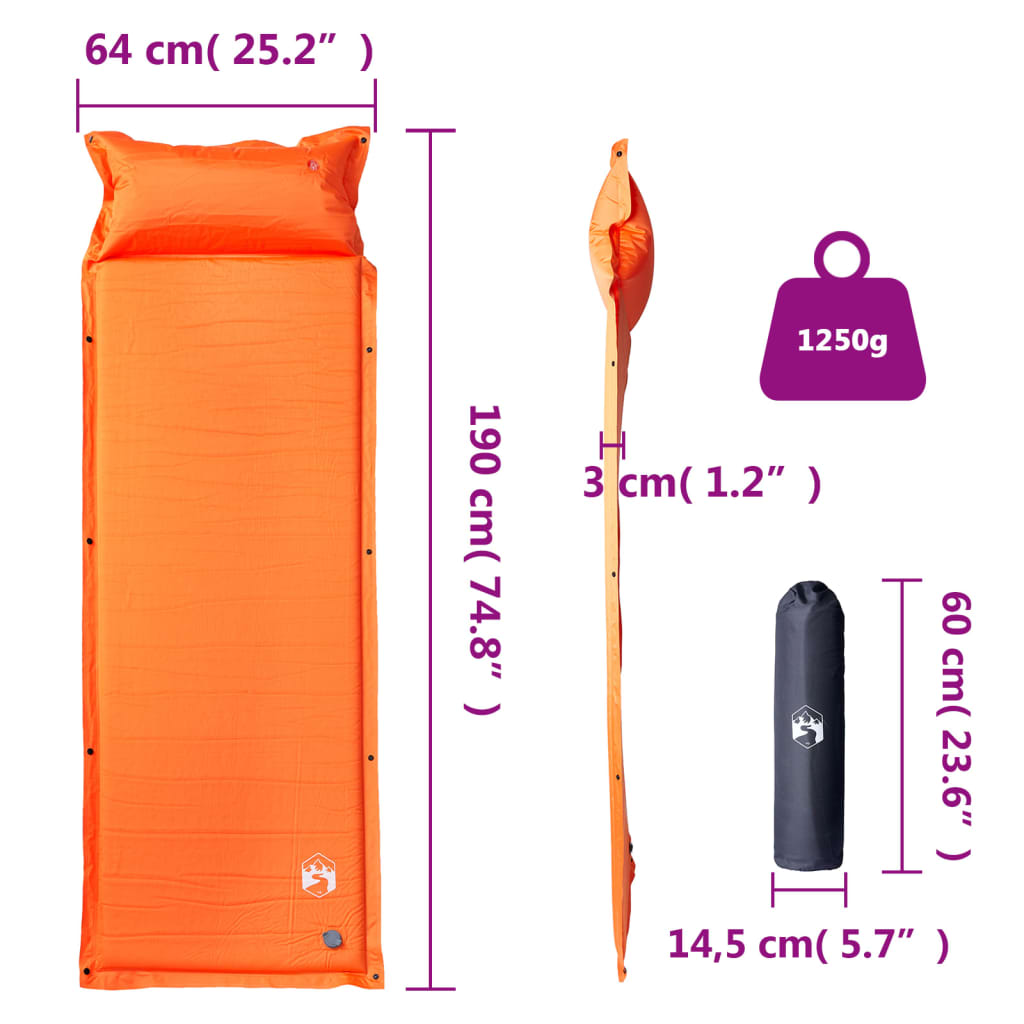 vidaXL Saltea camping auto-gonflabilă cu pernă, 1 persoană, portocaliu