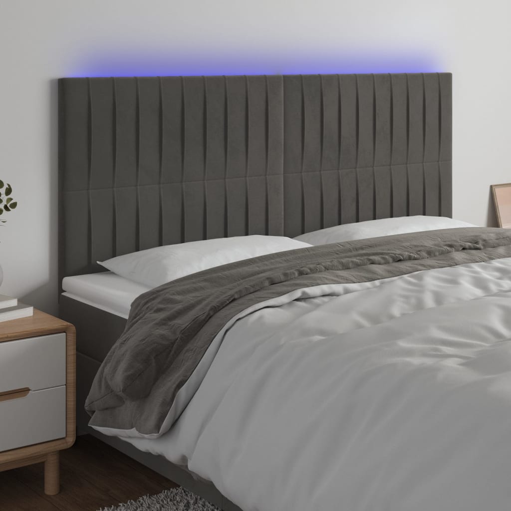 vidaXL Tăblie de pat cu LED, gri închis, 180x5x118/128 cm, catifea