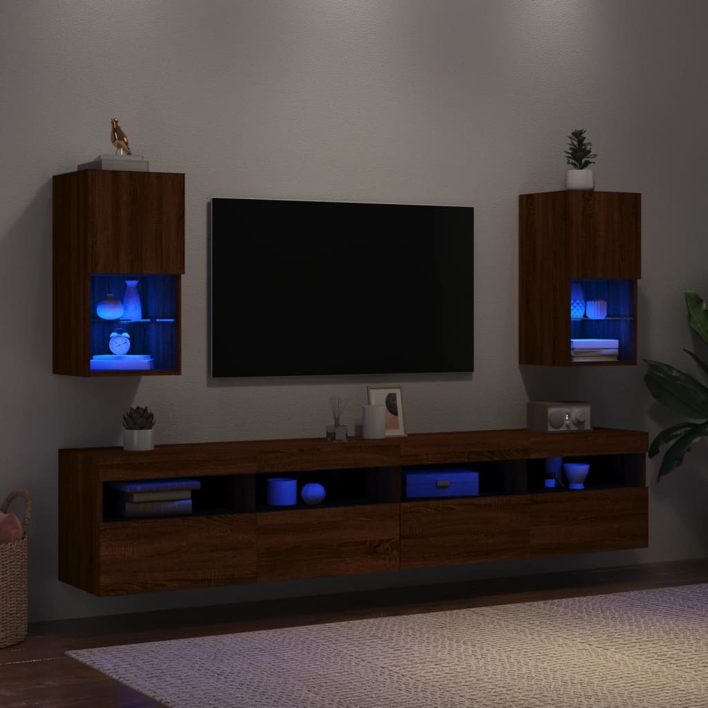 vidaXL Comode TV cu lumini LED, 2 buc., stejar maro, 30,5x30x60 cm