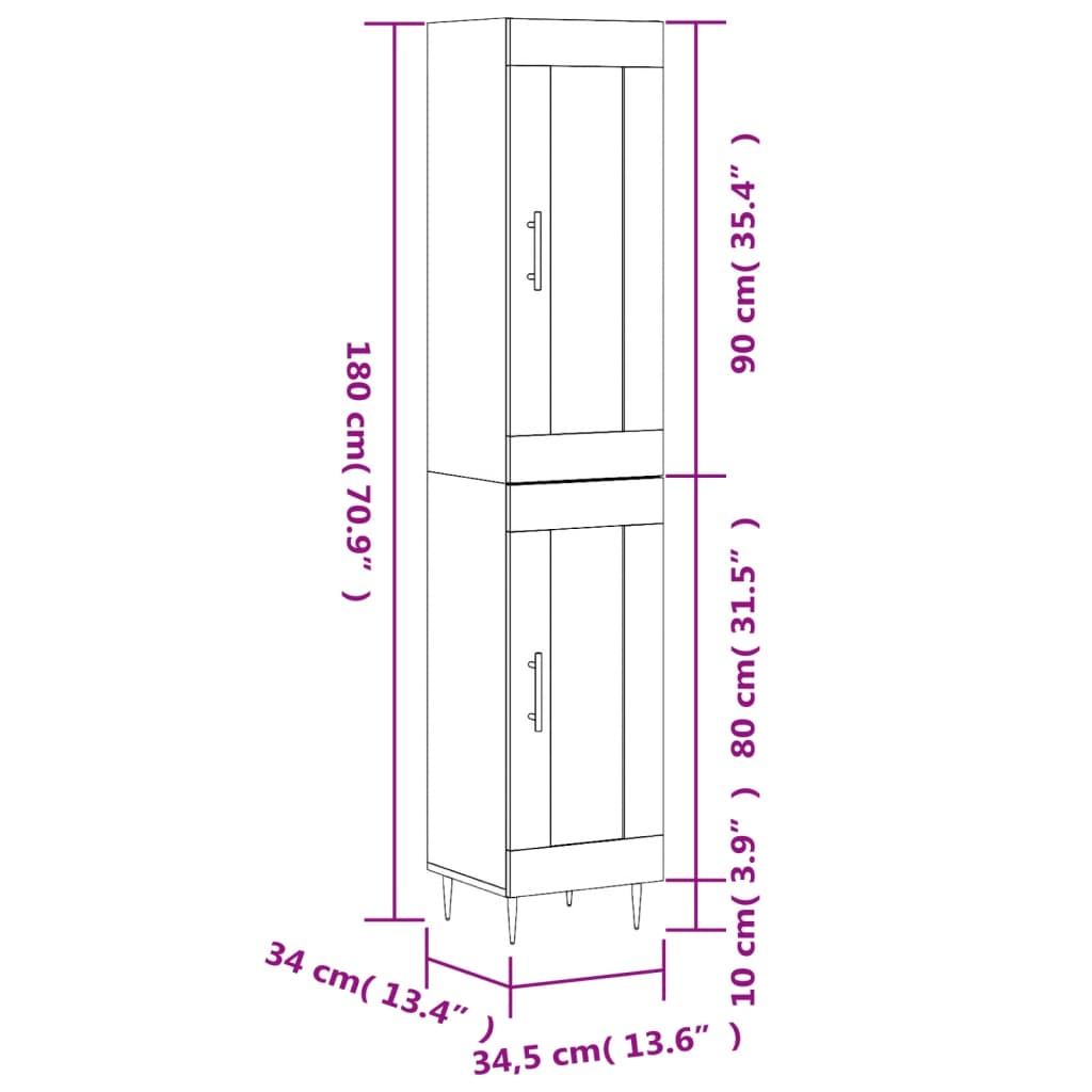 vidaXL Dulap înalt, alb extralucios, 34,5x34x180 cm , lemn prelucrat