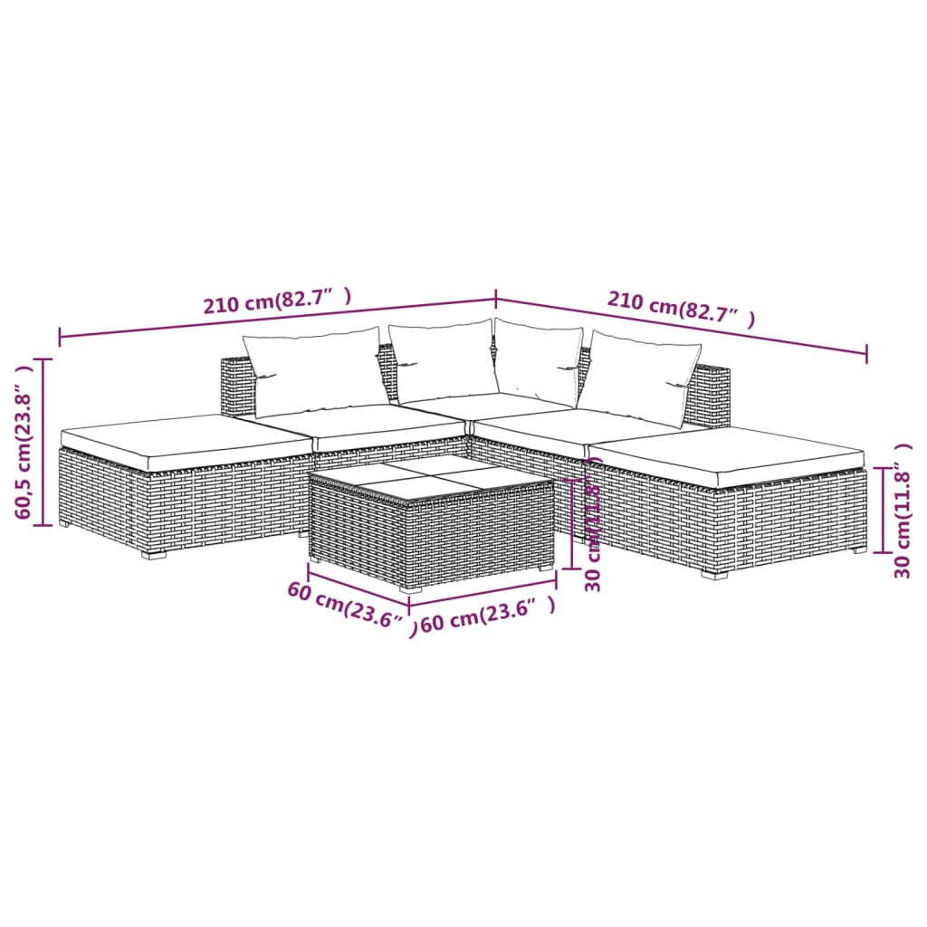 vidaXL Set mobilier de grădină cu perne, 6 piese, negru, poliratan