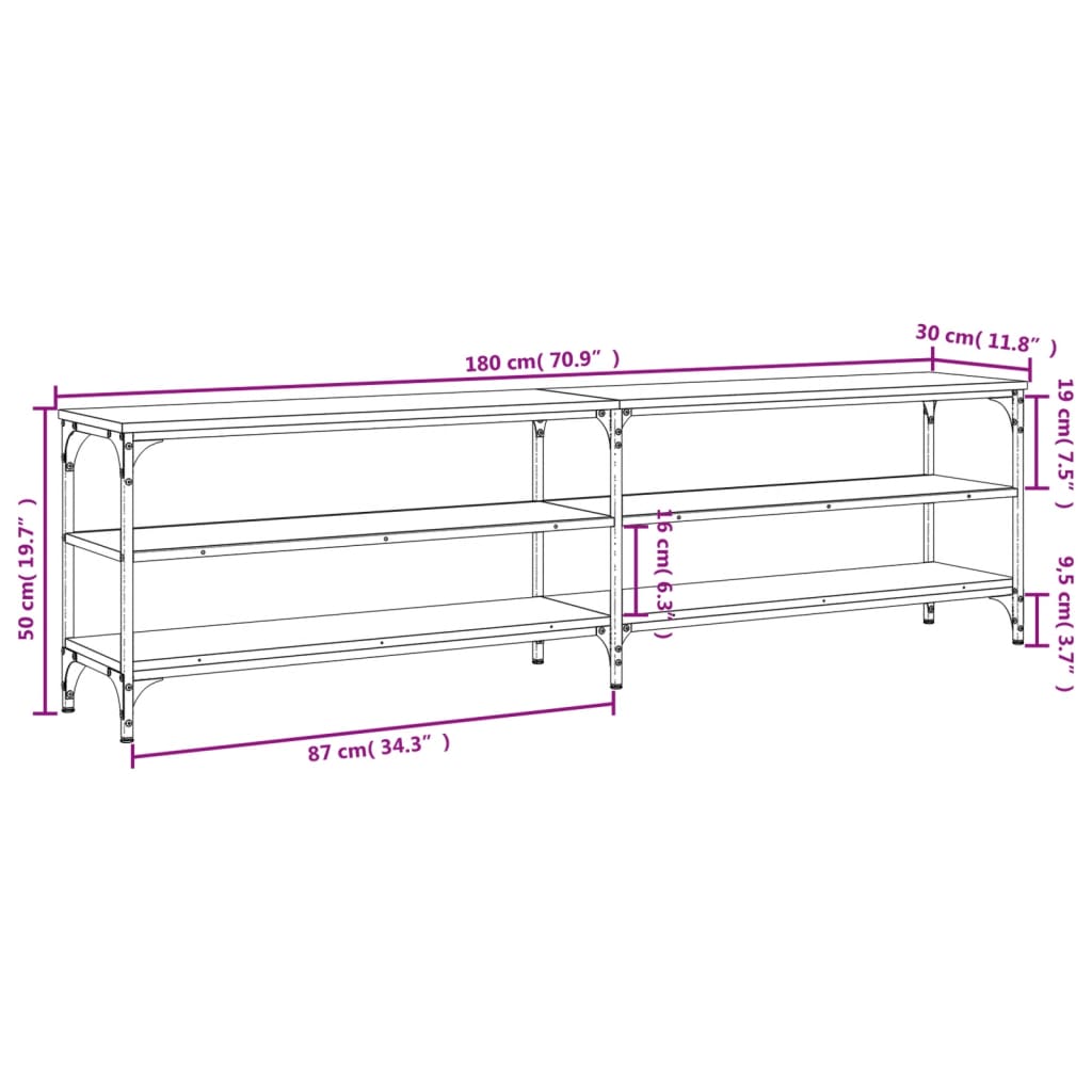 vidaXL Comodă TV, gri sonoma, 180x30x50 cm, lemn prelucrat și metal