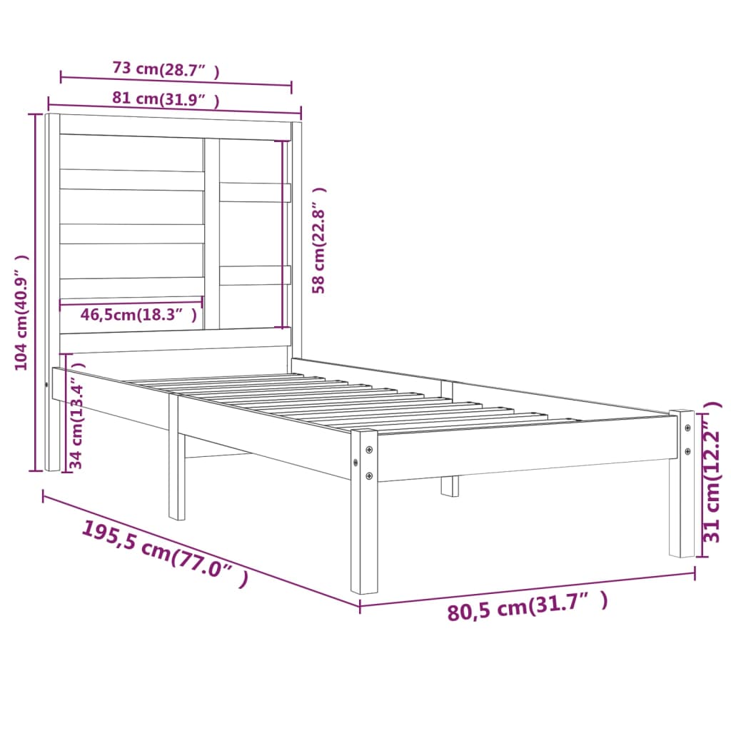 vidaXL Cadru de pat mic single, alb, 75x190 cm, lemn masiv