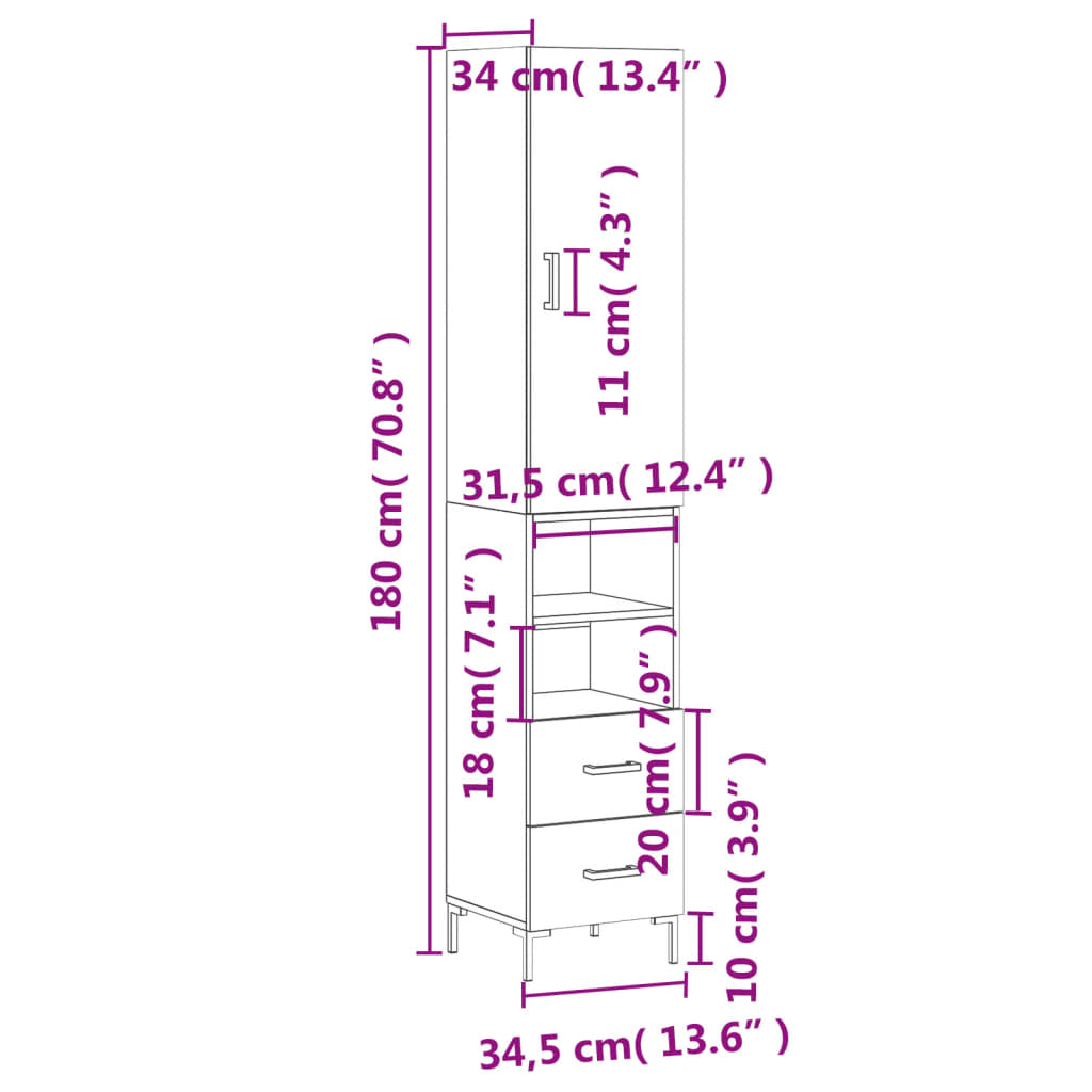 vidaXL Dulap înalt, gri sonoma, 34,5x34x180 cm, lemn prelucrat