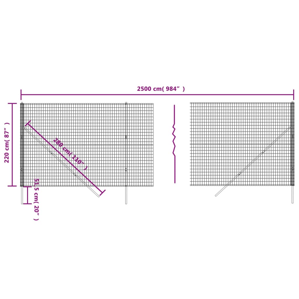 vidaXL Gard plasă de sârmă, antracit, 2,2x25 m, oțel galvanizat