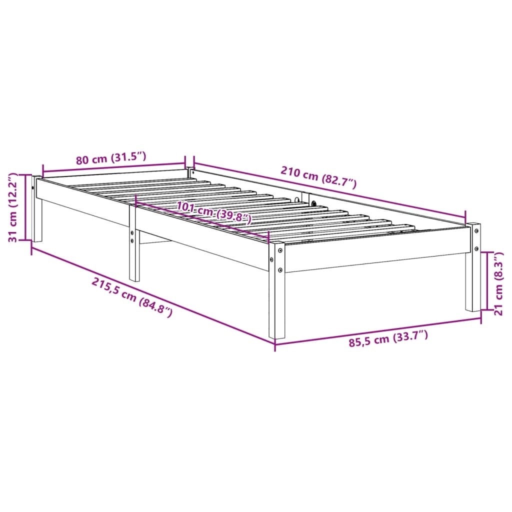 vidaXL Cadru de pat foarte lung fără saltea, 80x210 cm, lemn masiv pin