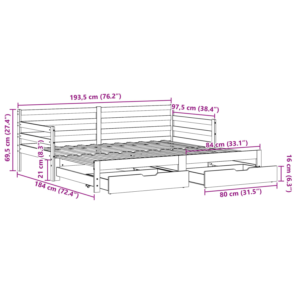 vidaXL Pat de zi cu extensie și sertare alb 90x190 cm lemn masiv pin