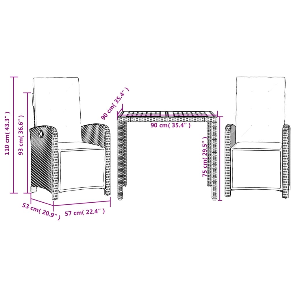 vidaXL Set bistro cu perne, 3 piese, negru, poliratan