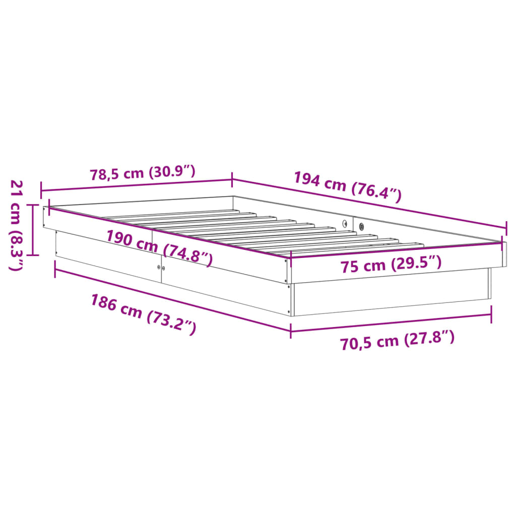 vidaXL Cadru de pat cu LED, maro ceruit, 75x190 cm, lemn masiv pin