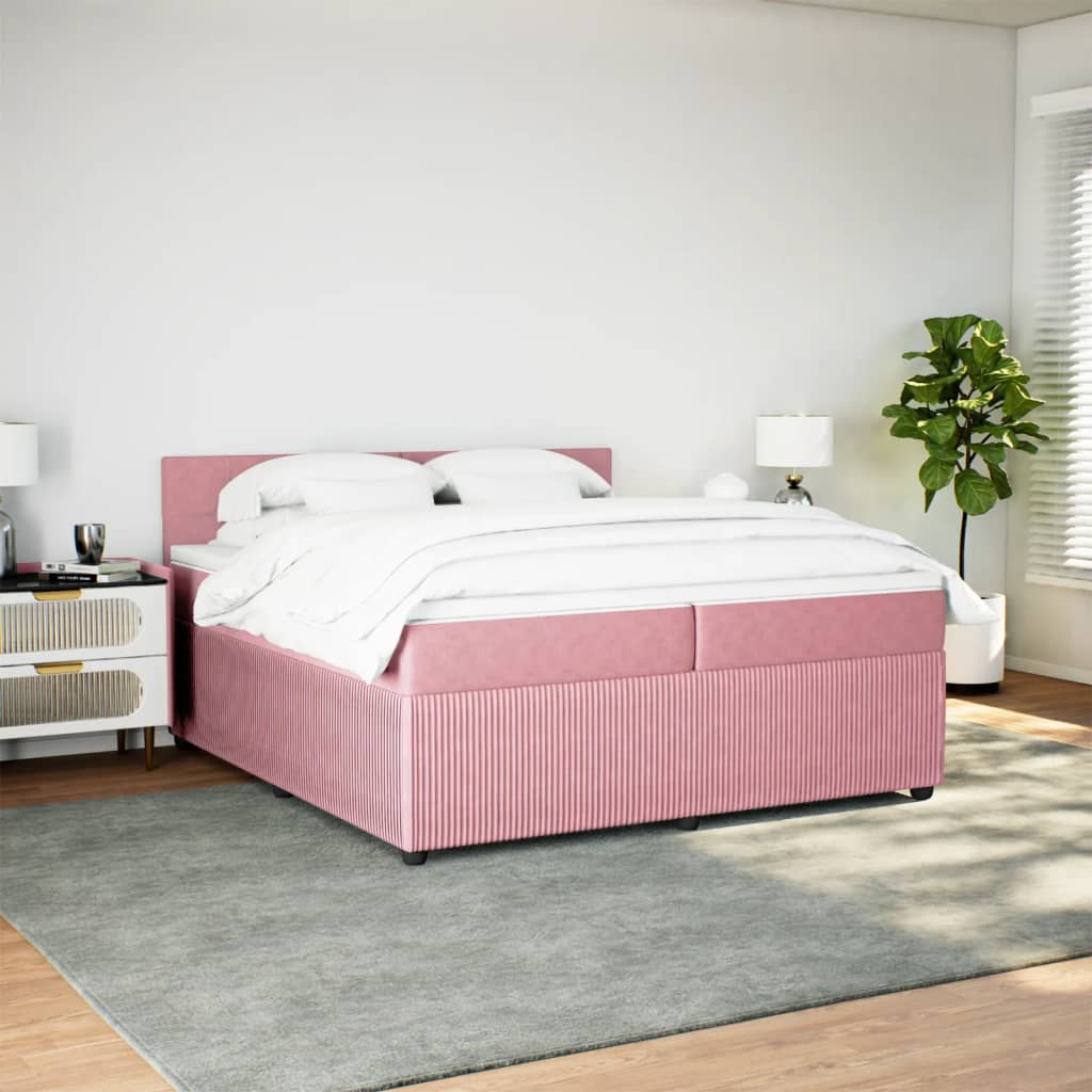 vidaXL Pat box spring cu saltea, roz, 200x200 cm, catifea