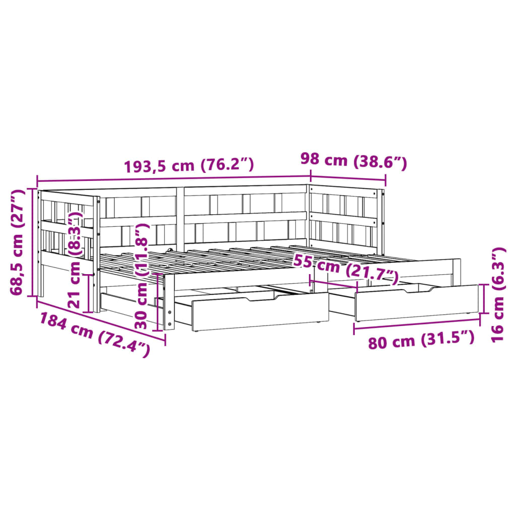 vidaXL Pat de zi cu extensie și sertare alb 90x190 cm lemn masiv pin