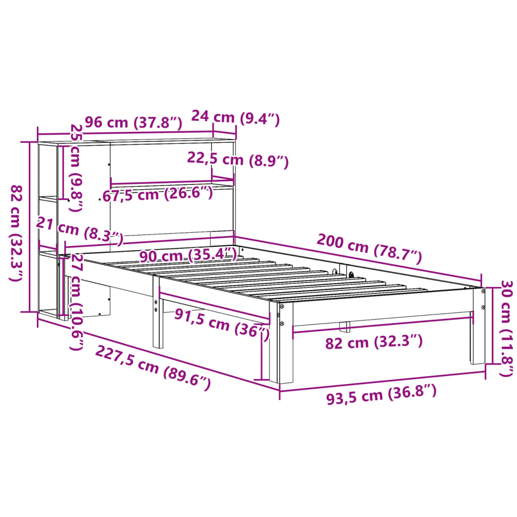 vidaXL Pat cu bibliotecă fără saltea, 90x200 cm, lemn masiv pin