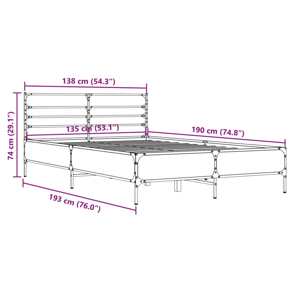 vidaXL Cadru de pat, stejar sonoma, 135x190cm, lemn prelucrat și metal